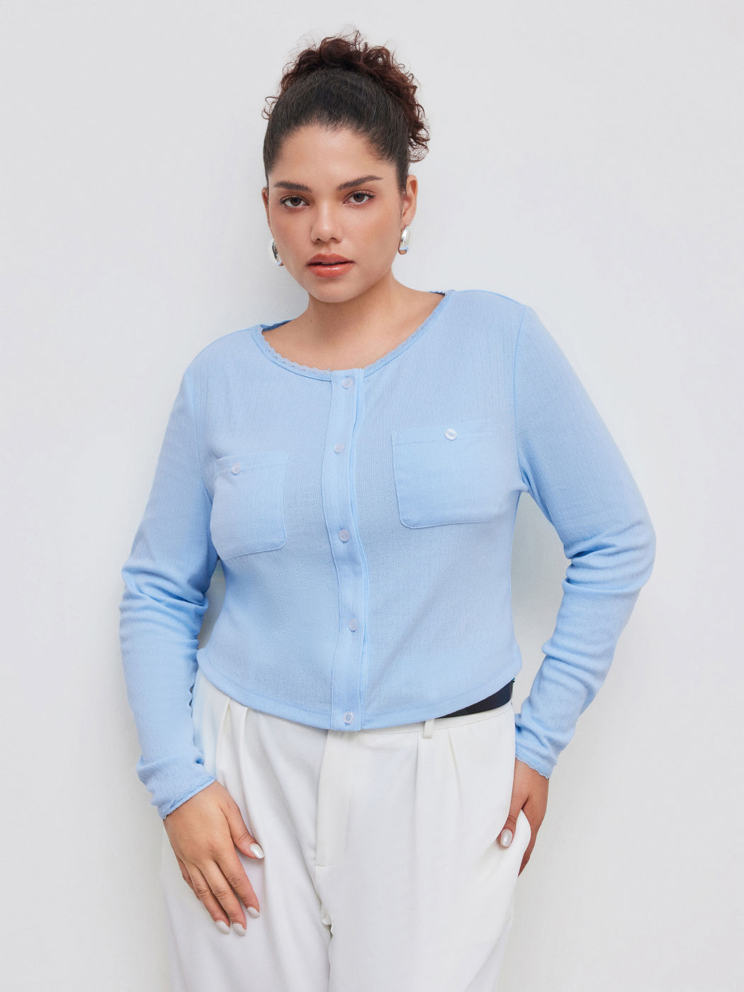 Baumwollmischung Rundhalsausschnitt Einfarbig Knopf Tasche Crop Top Kurve & Plus