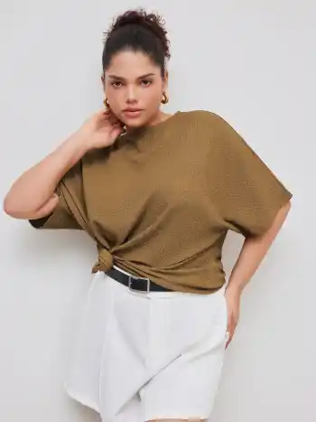 Round Neckline Textured Knotted Short Sleeve Tee Curve & Plus