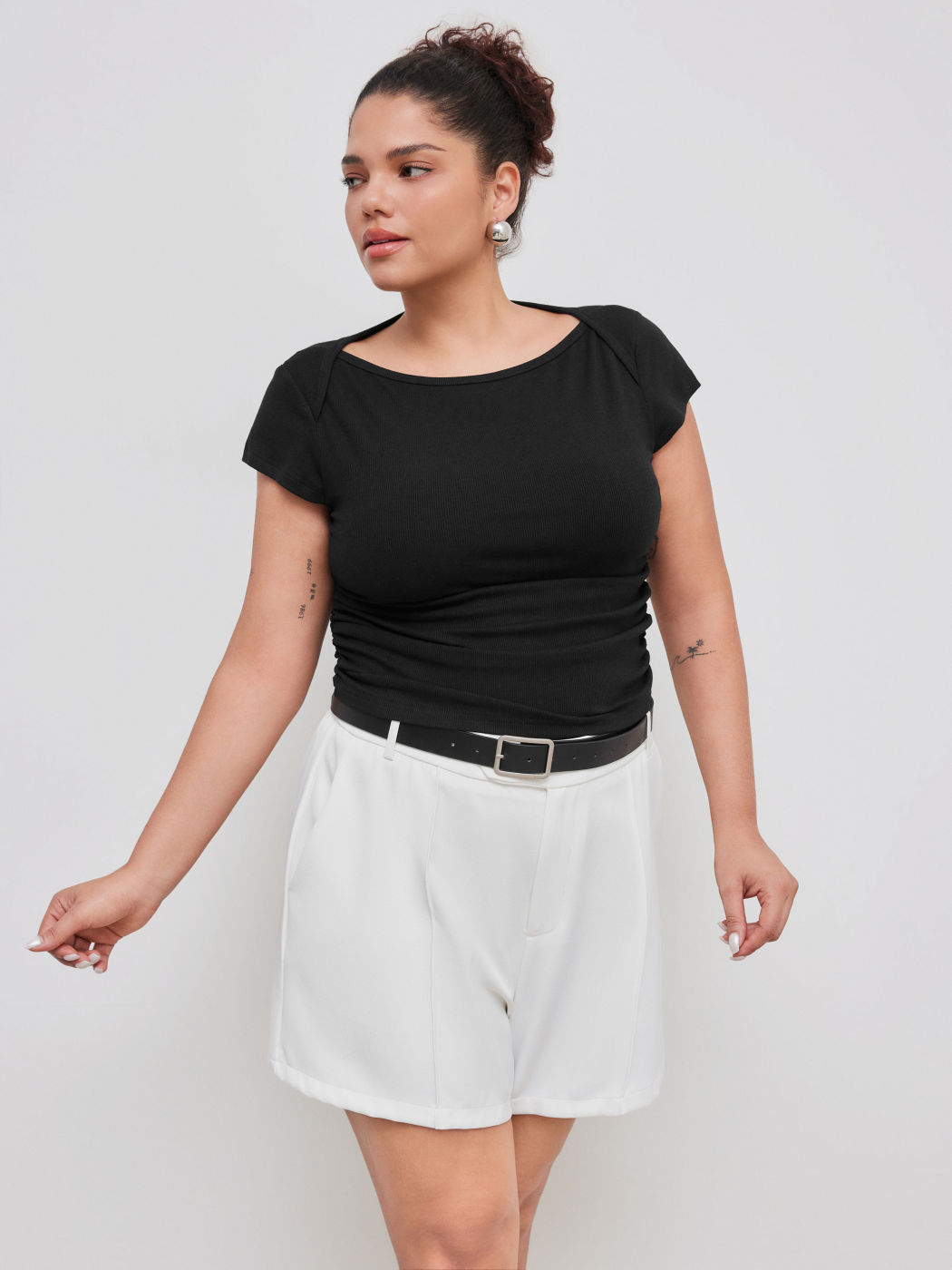 Cotton-blend Boat Neck Solid Ruched Short Sleeve Tee Curve & Plus