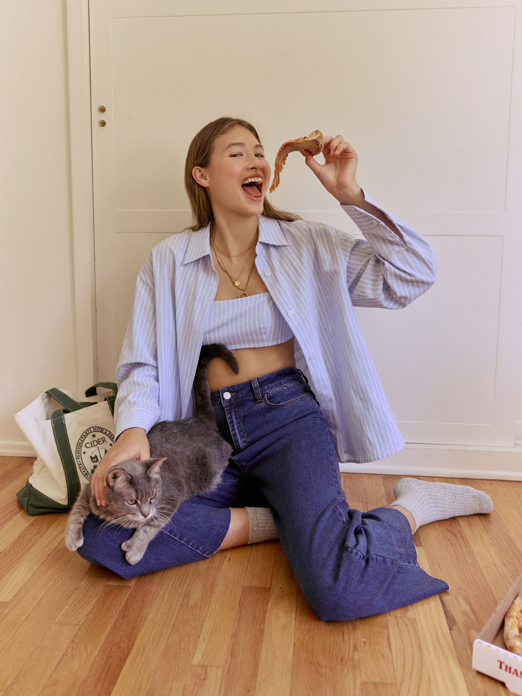 Baumwollmischung Kragen Gestreifte Knopfleiste Langarm Oversized Hemd Mit Gestreiftem Crop Cami Top