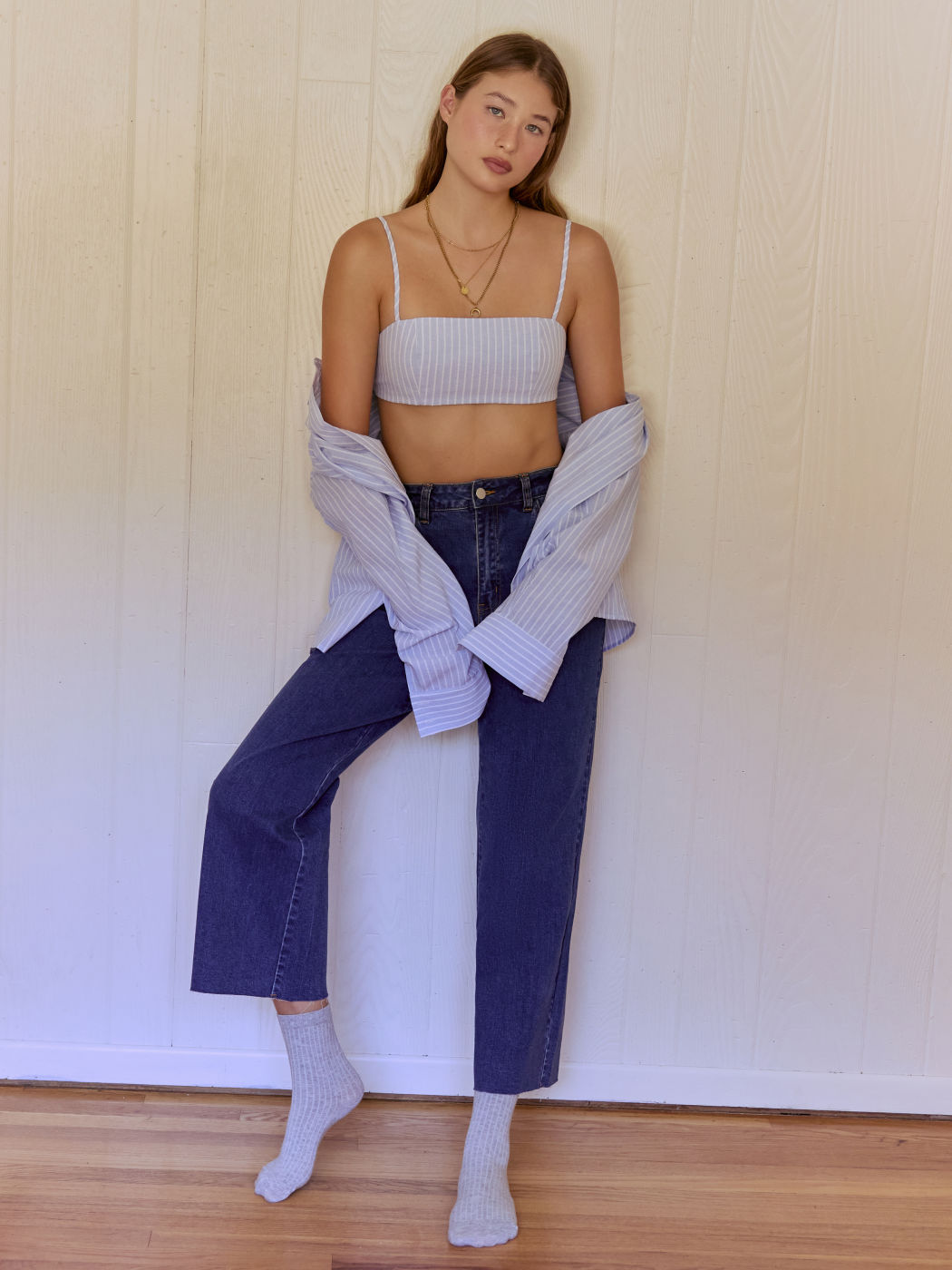 Baumwollmischung Kragen Gestreifte Knopfleiste Langarm Oversized Hemd Mit Gestreiftem Crop Cami Top