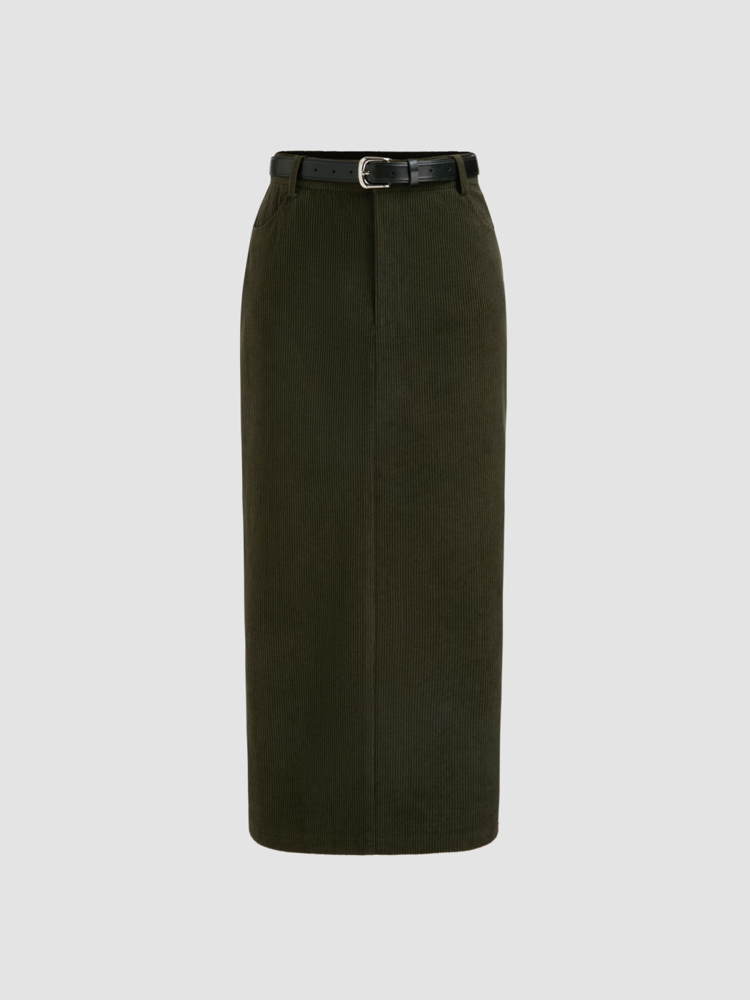 Corduroy Solid Pocket Split Maxi Skirt With Belt