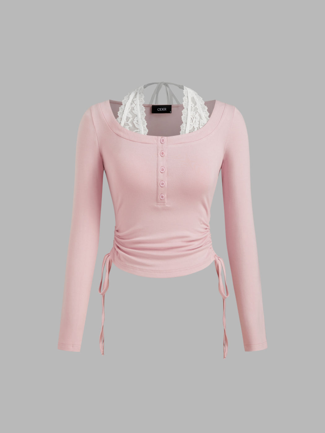 Halter Neckline Solid Ruched Lace Drawstring Long Sleeve Top