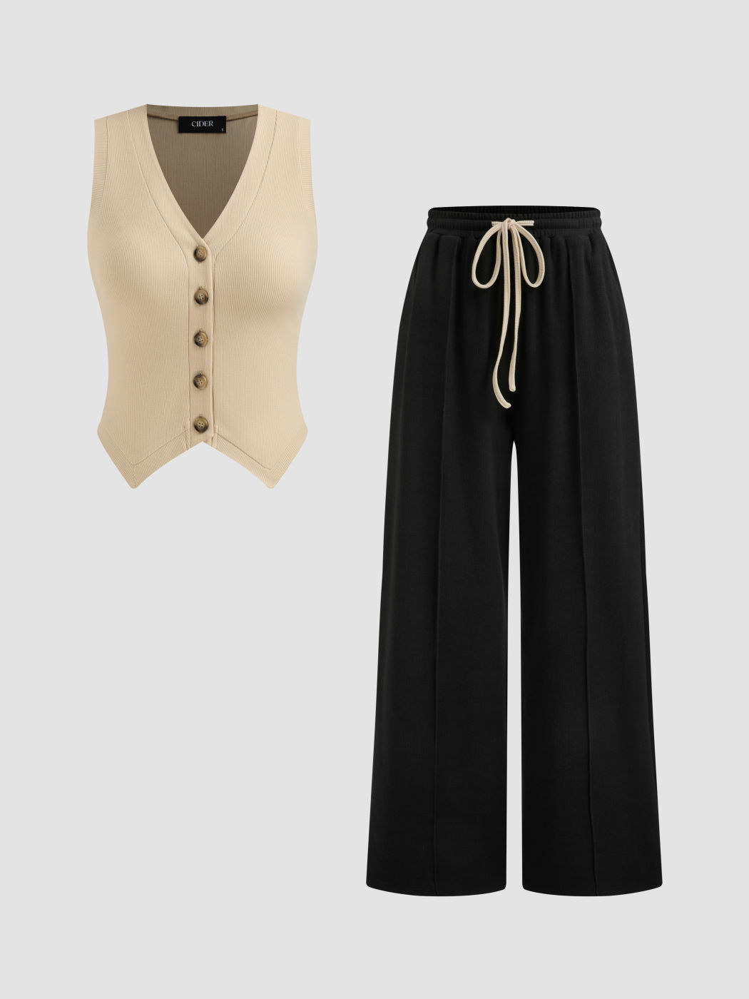 Cotton-blend V-neck Solid Button Vest & Mid Rise Knotted Pocket Straight Leg Trousers Set