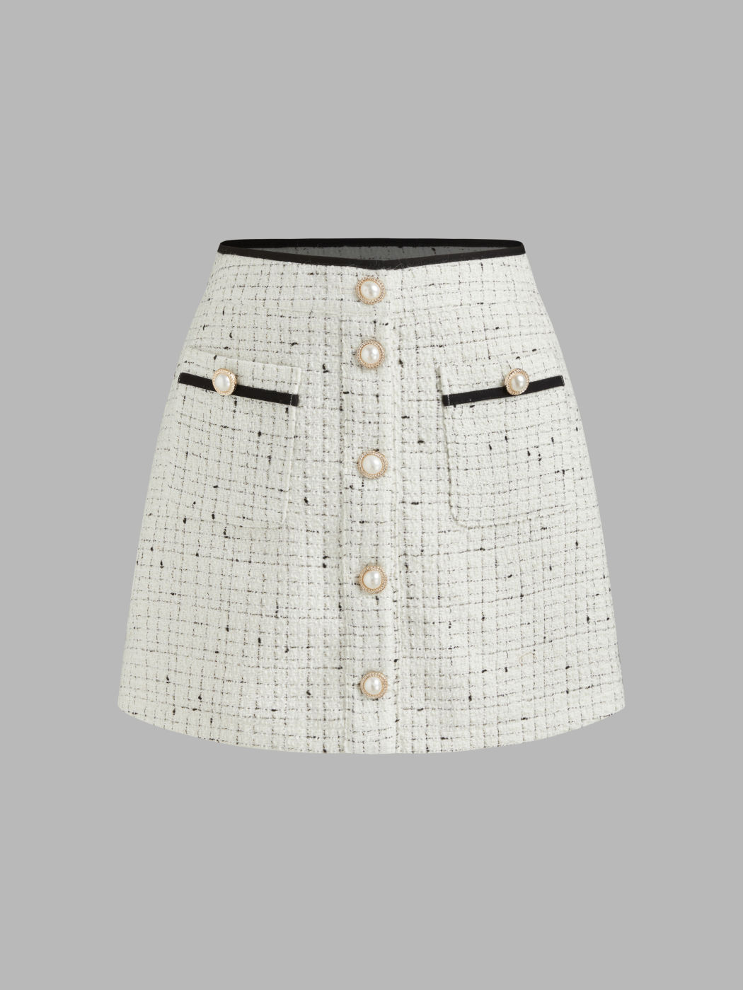 Tweed Mid Rise Solid Faux Pearl Button Mini Skirt