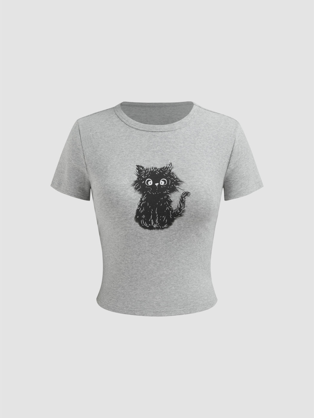 Cotton-blend Round Neckline Cat Short Sleeve Tee