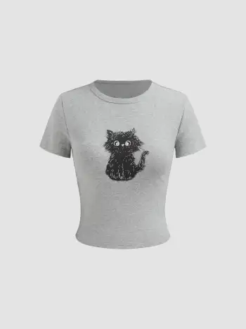 Graphic Tee Summer Tops Y2K Outfits Cute Tops Knit Fabric I'm Punk Round Neckline Rabbit Graphic Short Sleeve Tee For Daily Casual