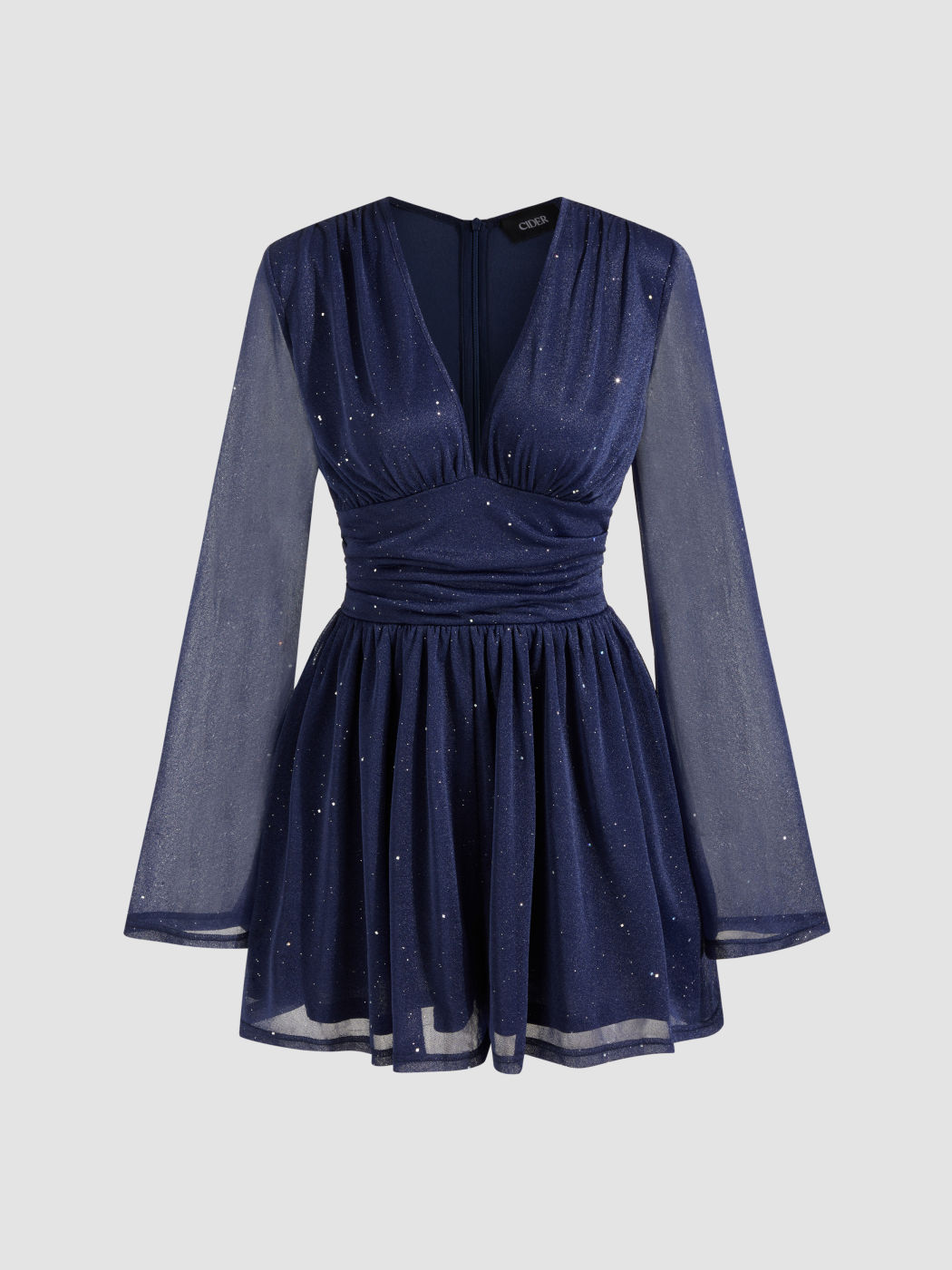 Mesh V-neck Solid Glitter Ruched Zipper Romper