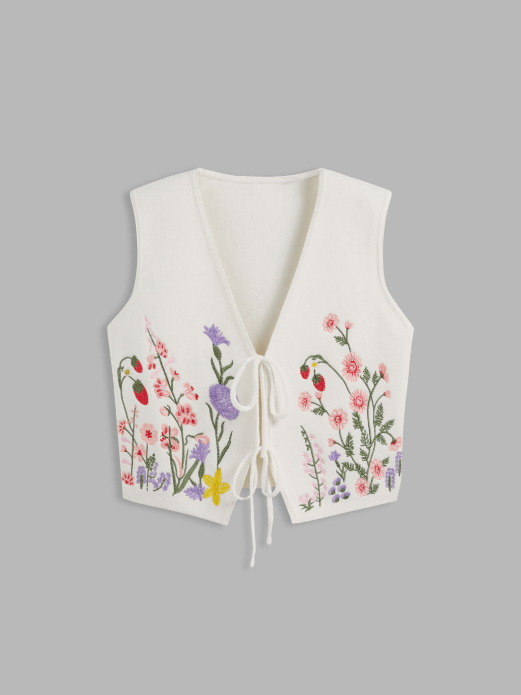 Knit V-neck Floral Embroidery Tie Front Vest