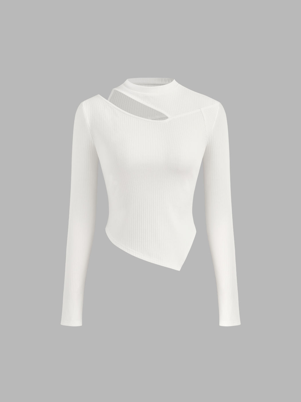 Cotton-blend Stand Collar Solid Cut Out Long Sleeve Top