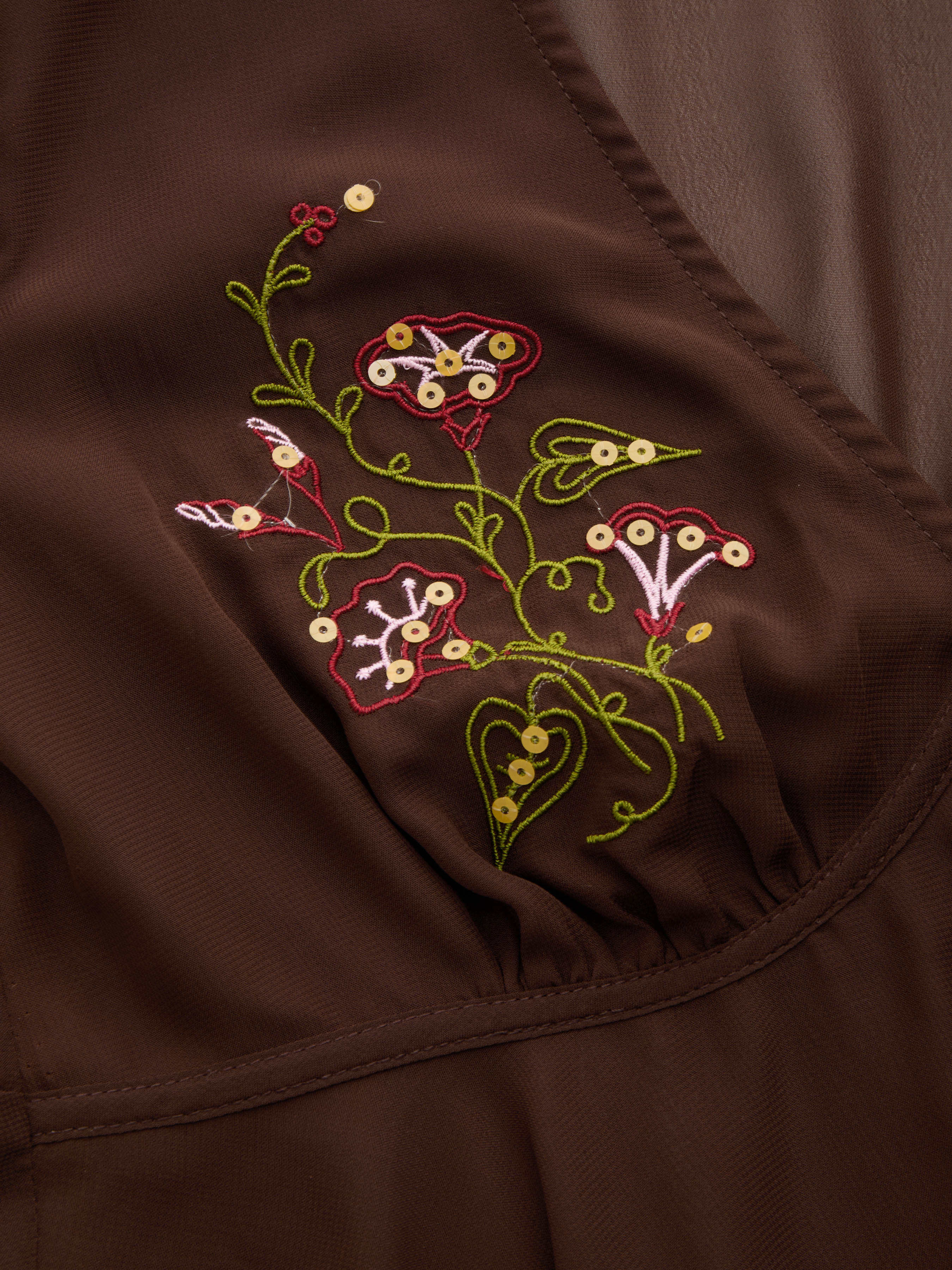 Chiffon Chiffon V-neck Floral Embroidery Ruffle Hem Knotted