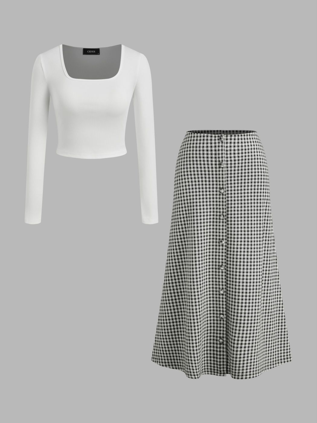 Square Neck Solid Long Sleeve Crop Top & Mid Rise Gingham Button Maxi Skirt Set