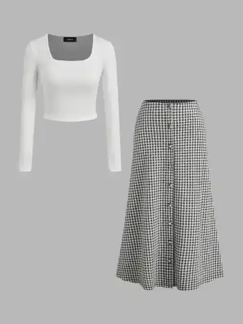 Square Neck Solid Long Sleeve Crop Top & Mid Rise Gingham Button Maxi Skirt Set