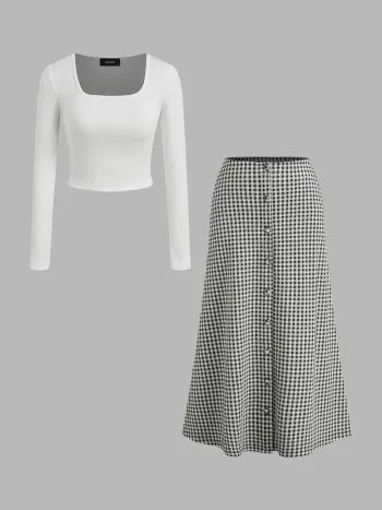 Quadratkragen Solid Langarm Crop Top & Mid Rise Gingham Knopf Maxirock Set