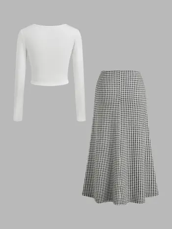 Quadratkragen Solid Langarm Crop Top & Mid Rise Gingham Knopf Maxirock Set