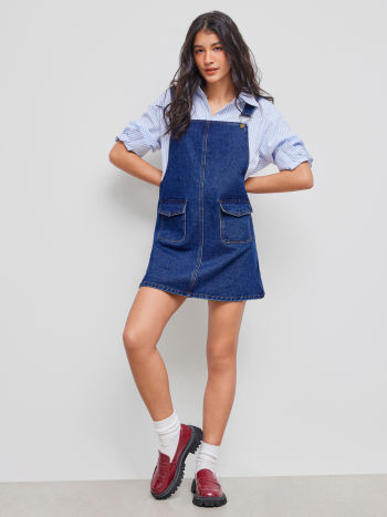 Denim Solid Buckle Pocket Mini Dress