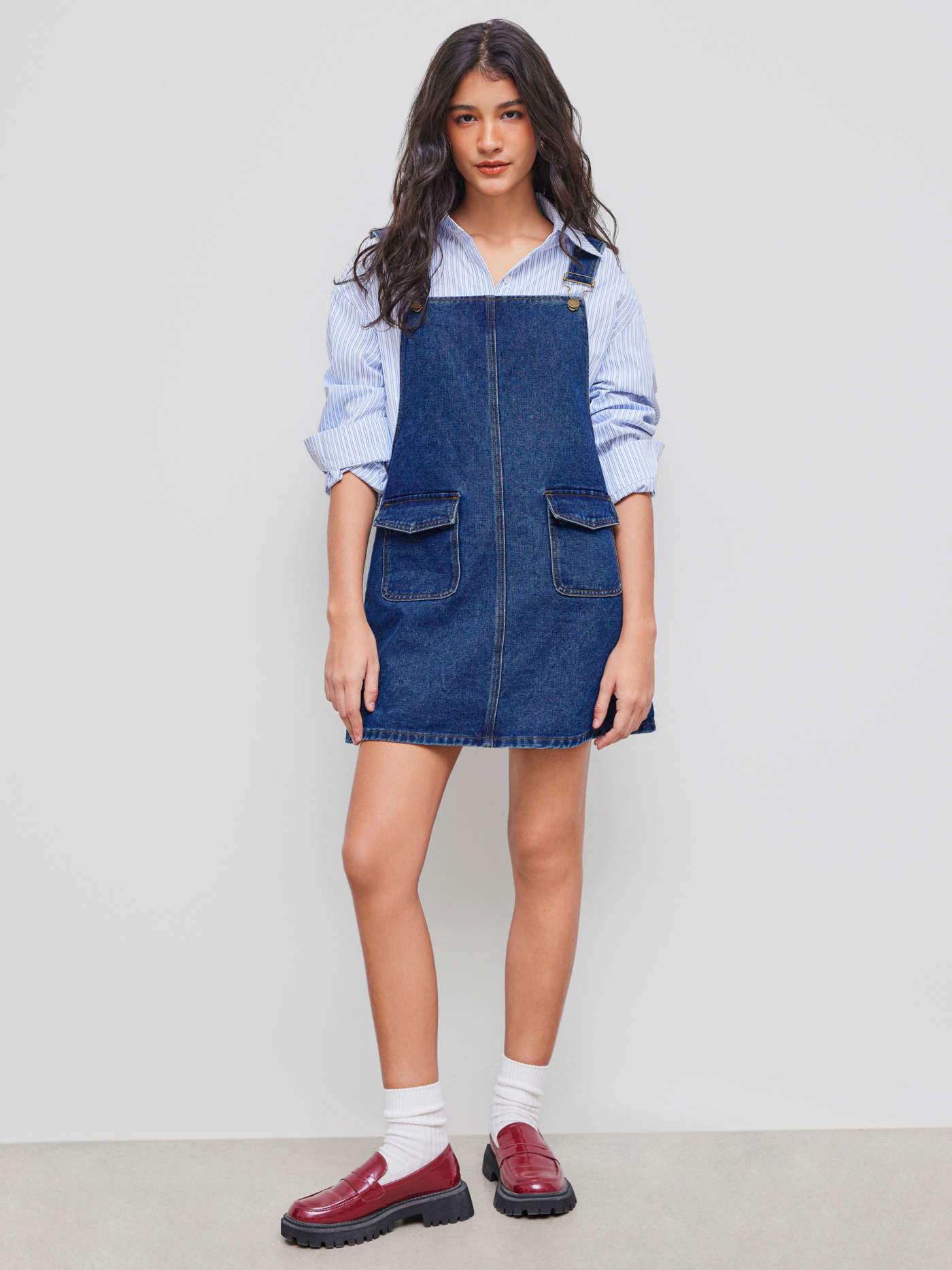 Denim Solid Buckle Pocket Mini Dress