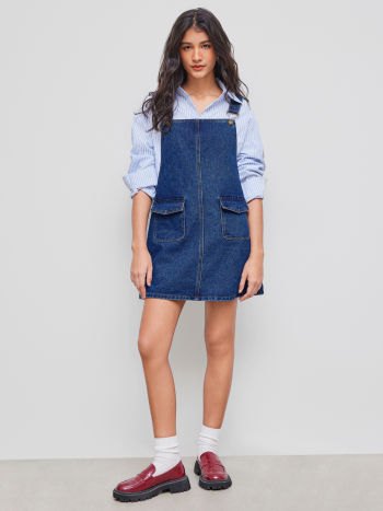Denim Solid Buckle Pocket Mini Dress