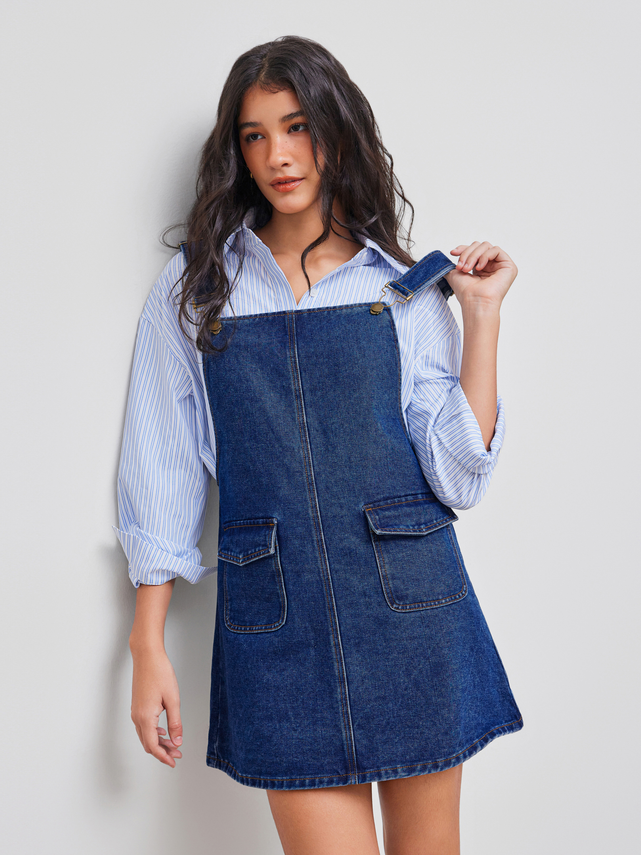 Denim Solid Buckle Pocket Mini Dress