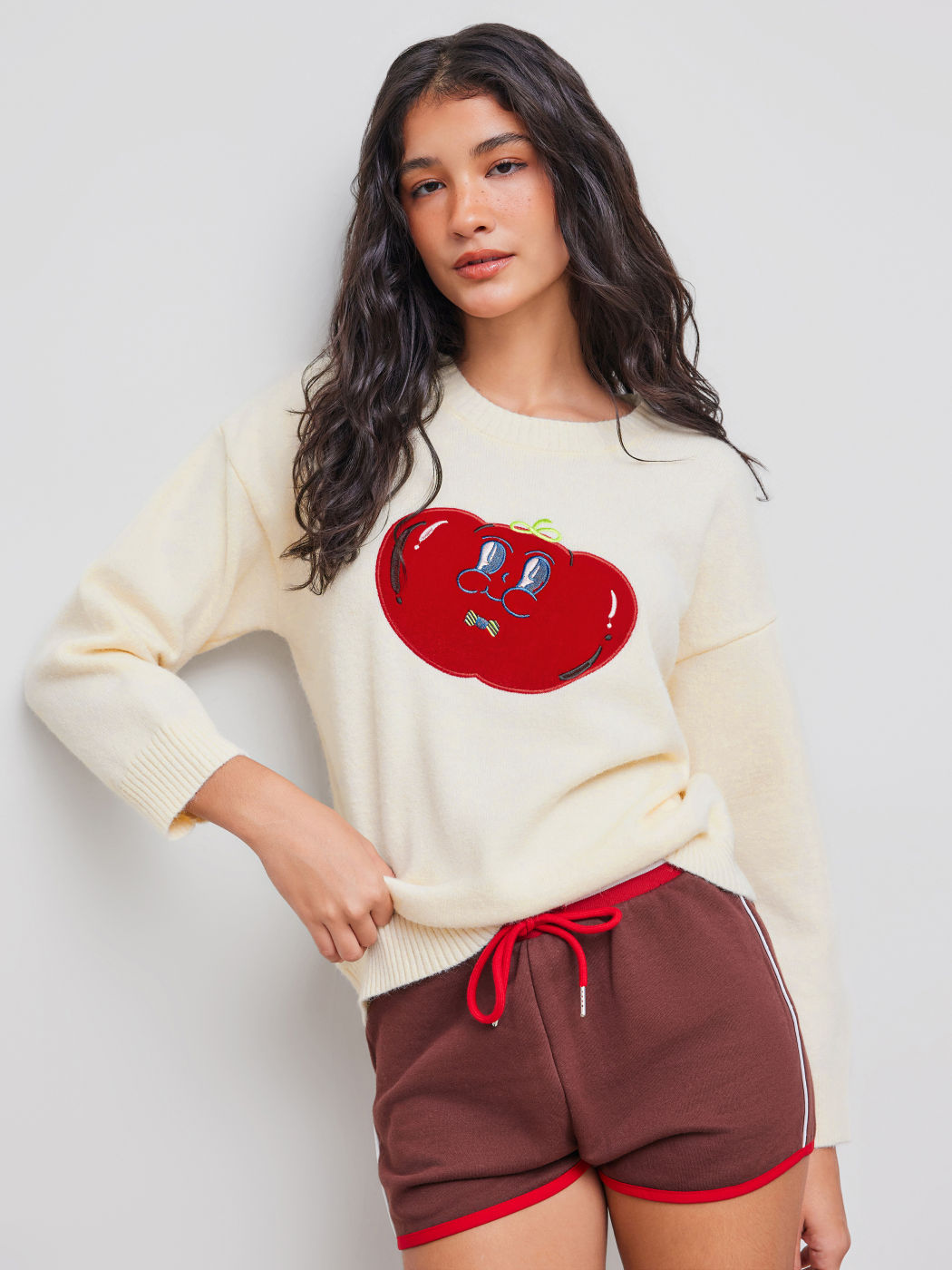 Knit Round Neckline Tomato Graphic Sweater