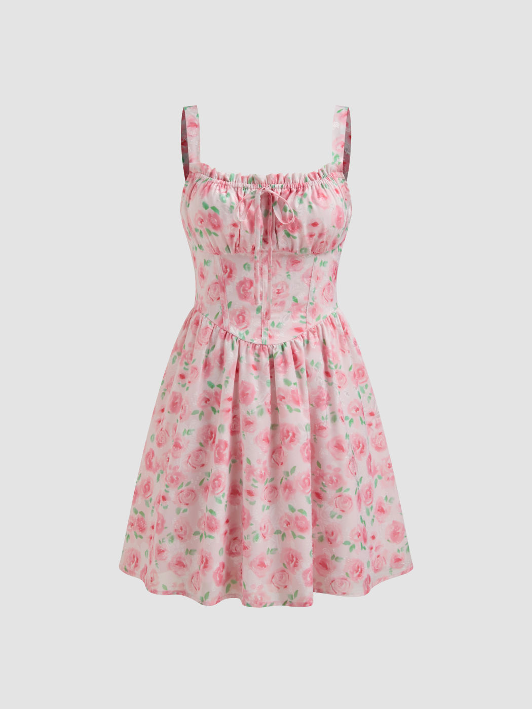 Square Neck Floral Knotted Corset Sleeveless Mini Dress
