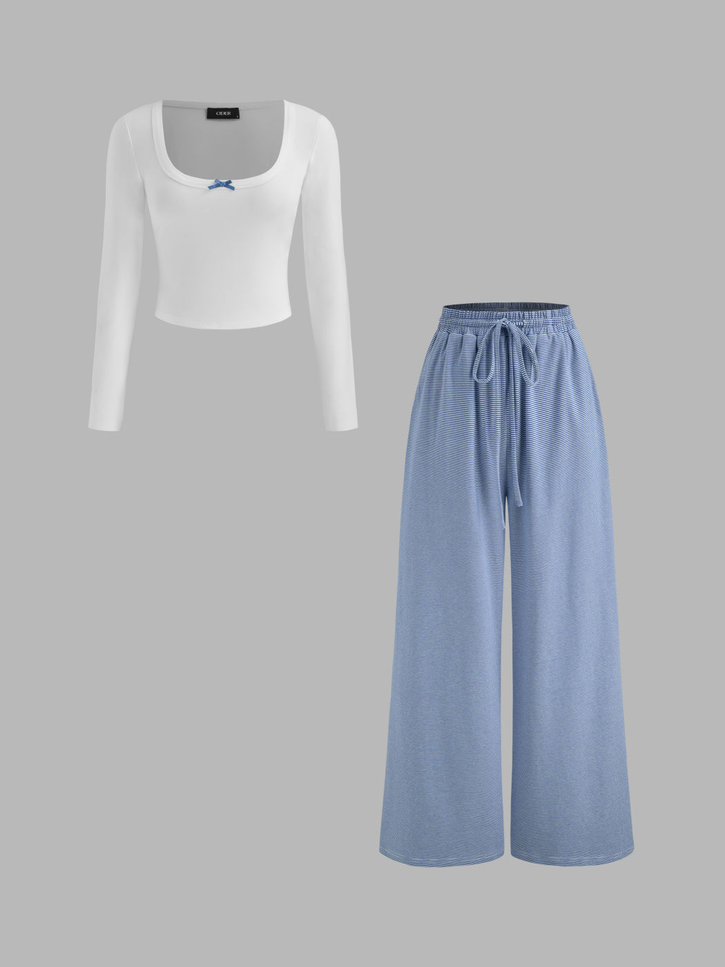 Set aus Baumwollmischung Square-Neck-Bows-Top und hoch geschnittenen gestreiften knödeligen Breitbein-Hosen