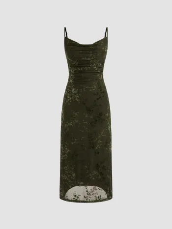 Jacquard-Kragenhalterung Blumen-Rusche Maxikleid