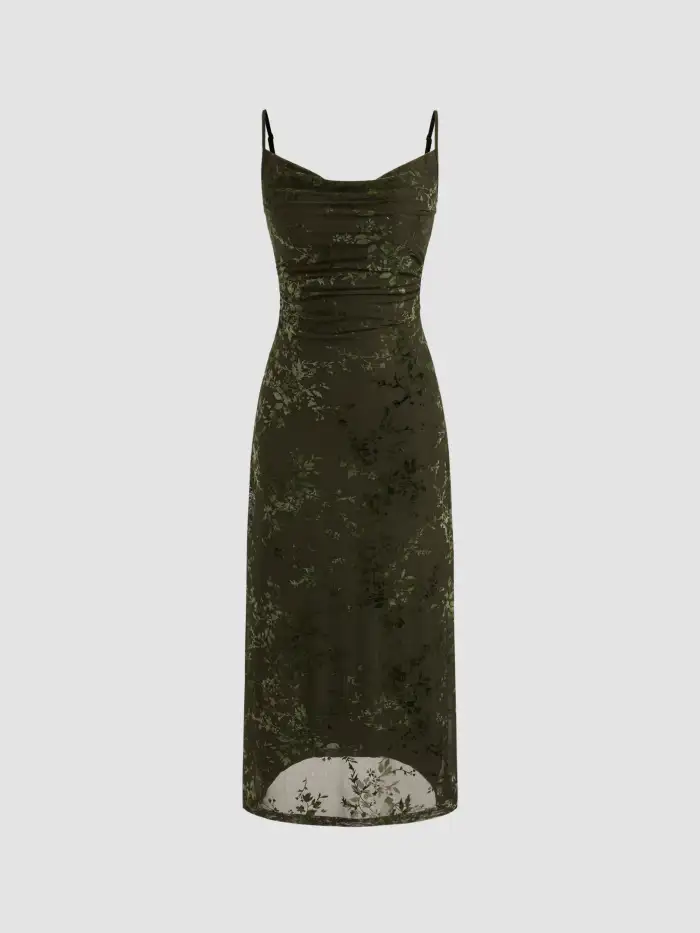 Floral Ruched Mesh Maxi Dress