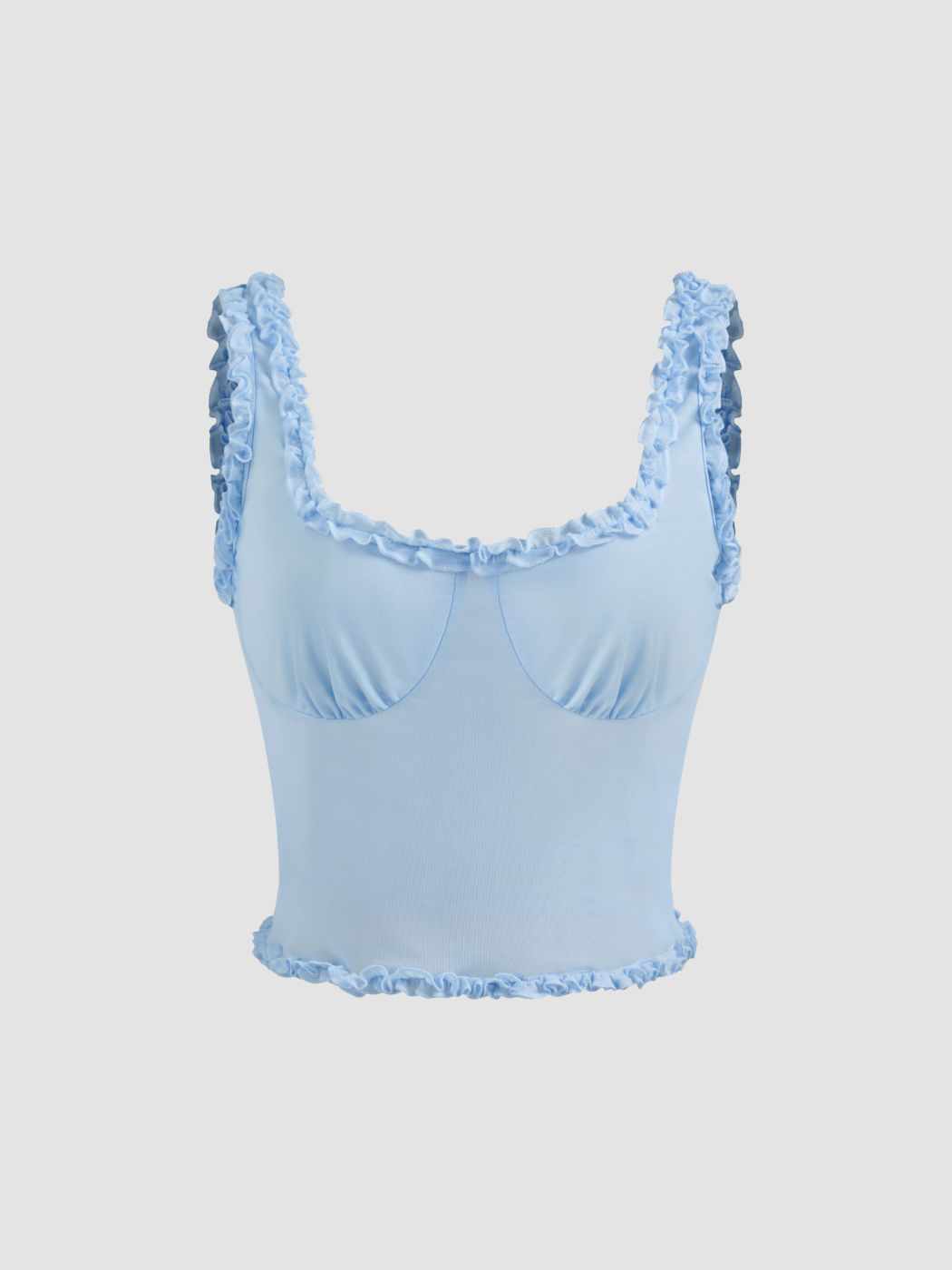 Mesh Square Neck Solid Lettuce Trim Crop Cami Top