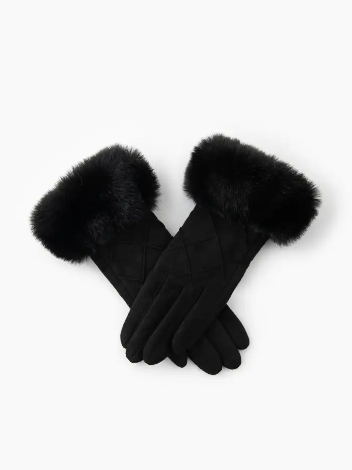 Cashmere FUZZY TRIM FLEECE GLOVES For Daily Casual