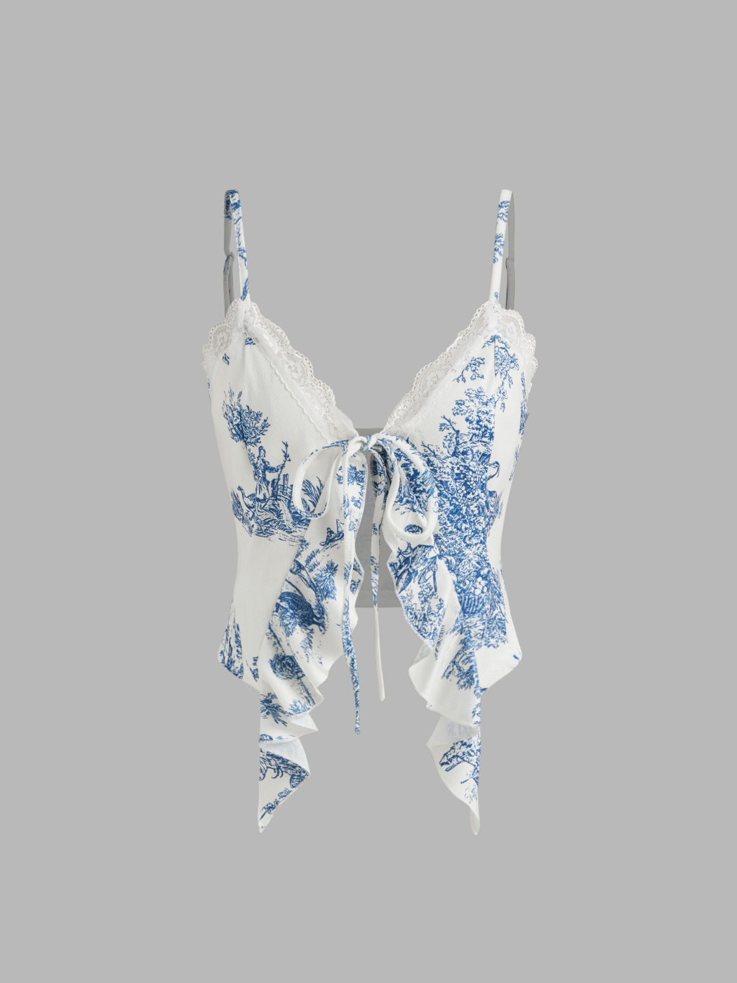 V-neck Toile de Jouy Knotted Lace Trim Cami Top