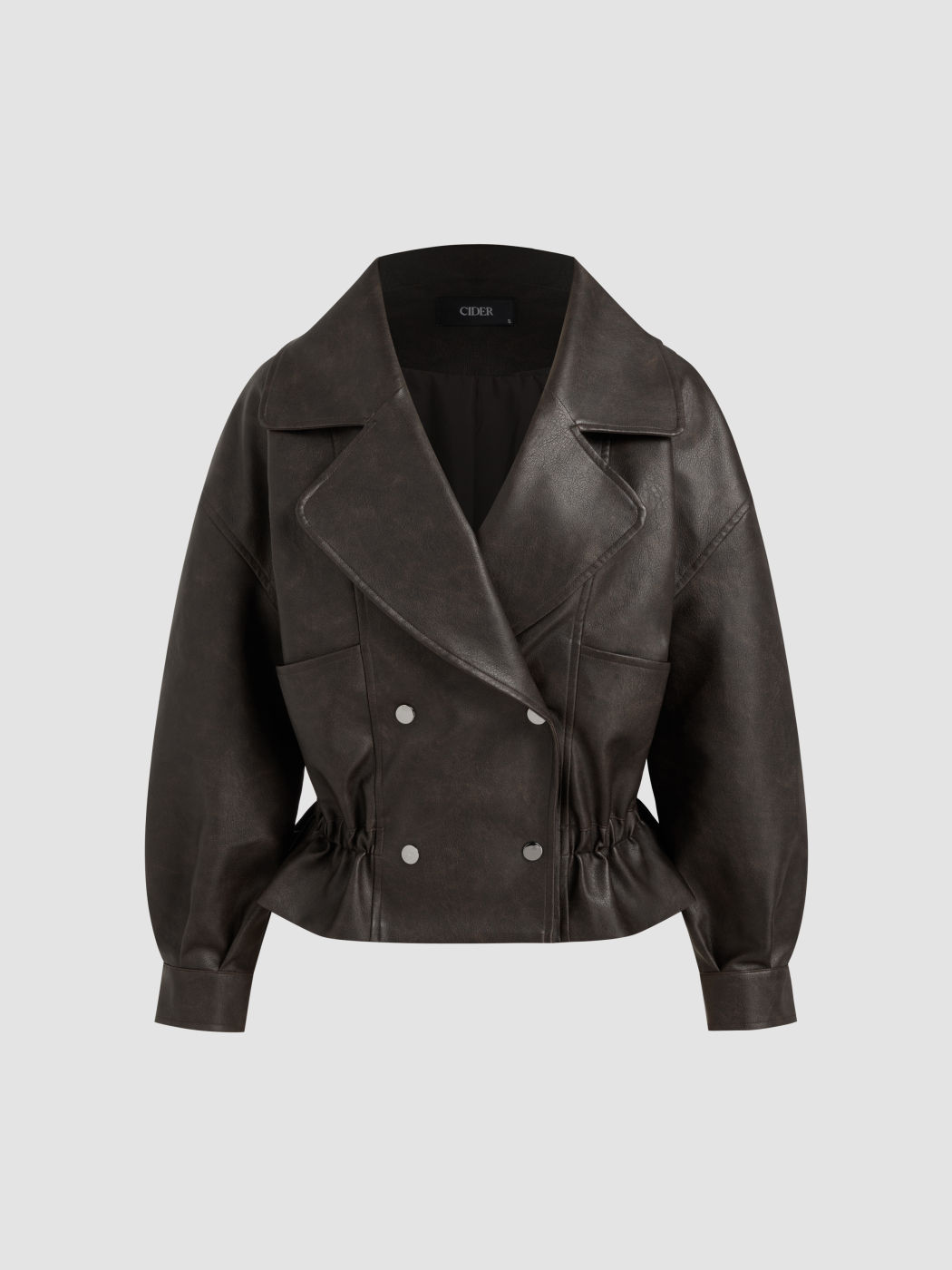 Oversized Faux Leather Ruffle Double Breasted Jacket