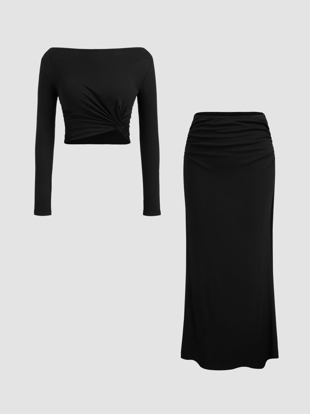 Bootsausschnitt Solid Twist Langarm Crop Top & Mid Rise Solid Rüschen Maxirock