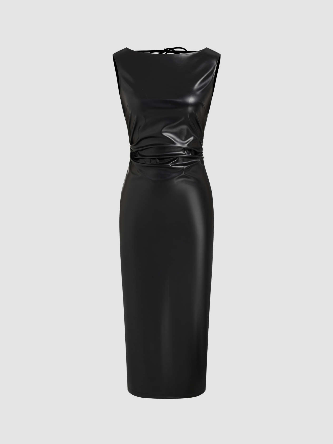 Faux Leather Boat Neck Solid Ruched Backless Knotted Midi Dress