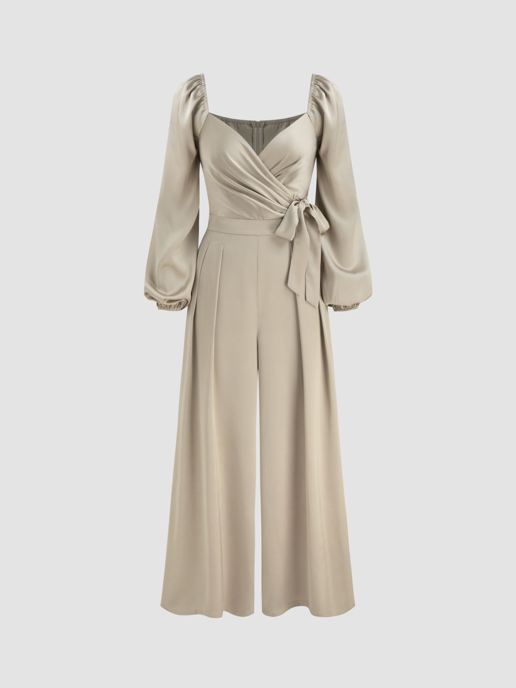 Tuta solida con scollo a V, plissettata e annodata, a gamba larga