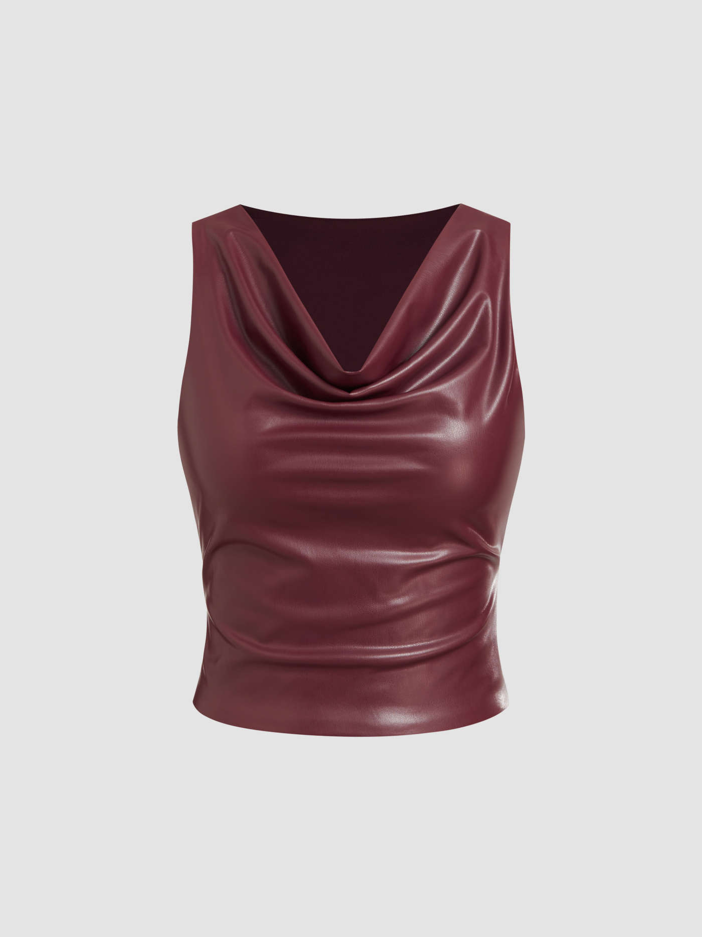 Faux Leather Cowl Neck Solid Ruched Tank Crop Top