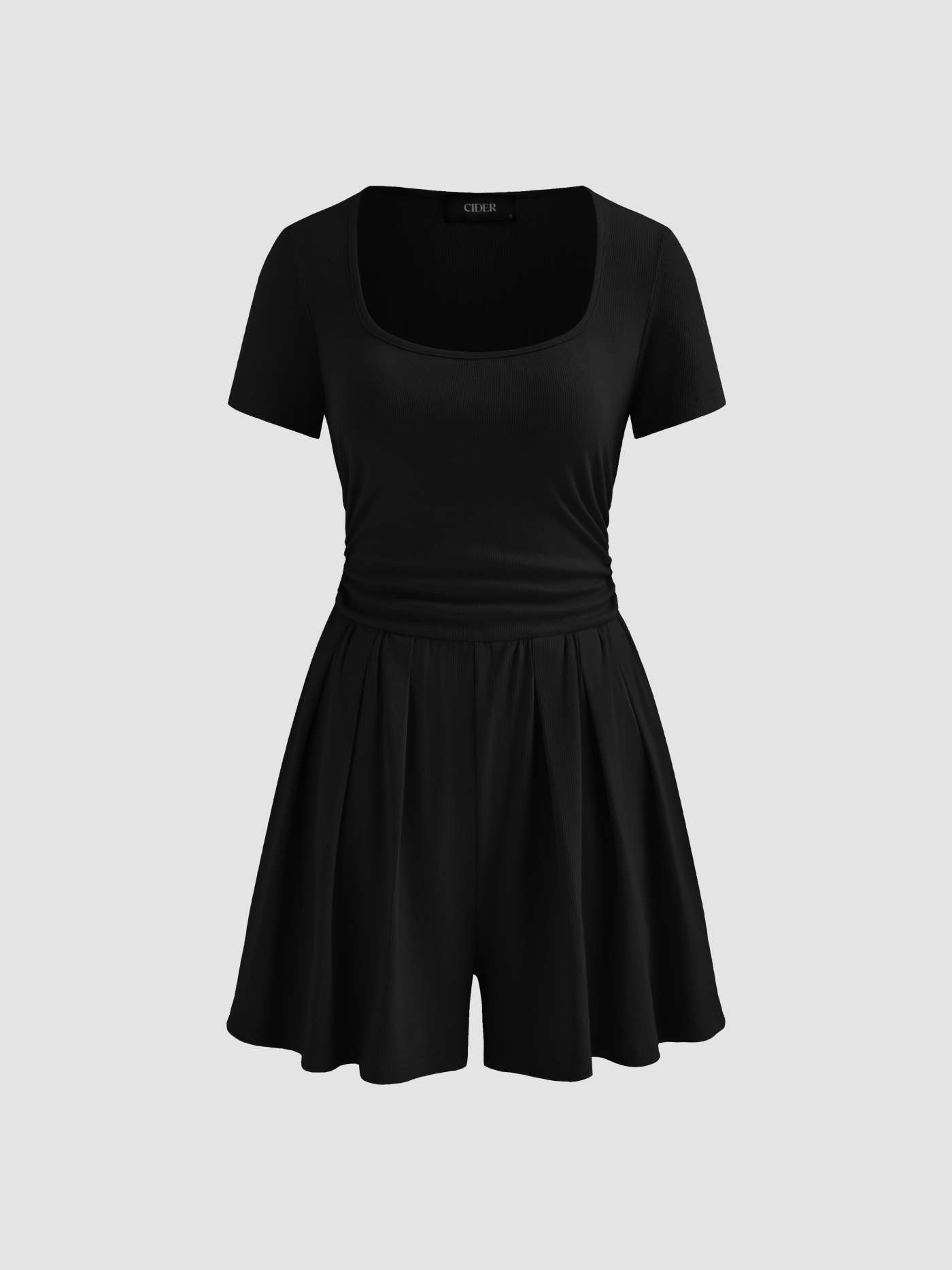 Knit Fabric Cotton-blend Square Neck Solid Ruched Pleated Romper For Daily Casual Work