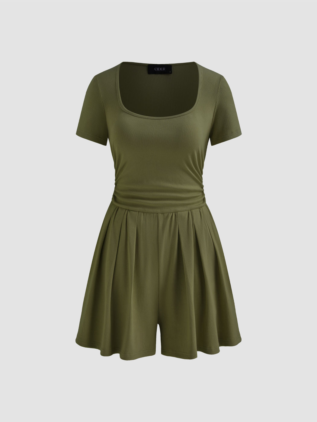 Cotton-blend Square Neck Solid Ruched Pleated Romper