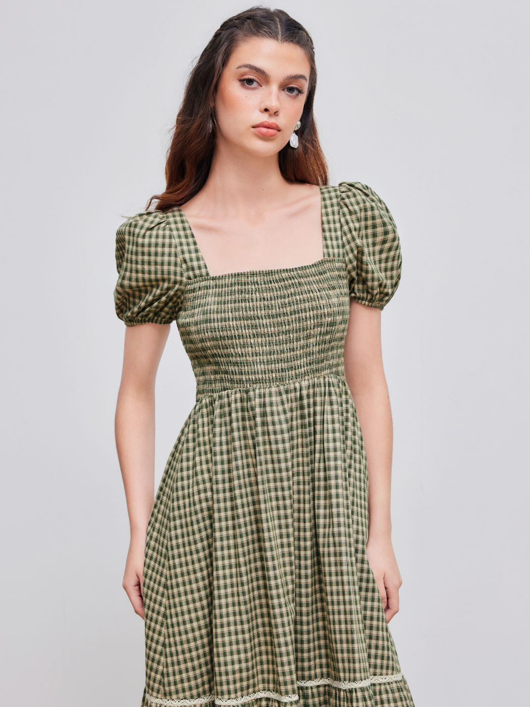 Square Neck Gingham Shirred Ruffle Puff Sleeve Maxi Dress