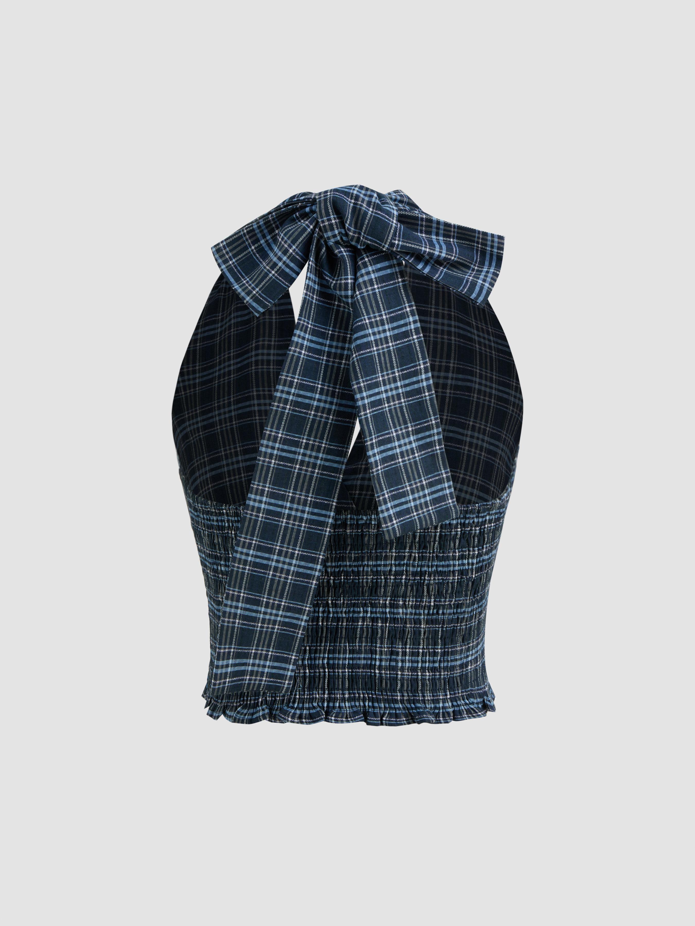 Woven Halter Neckline Check Shirred Knotted Crop Top For Date Holiday