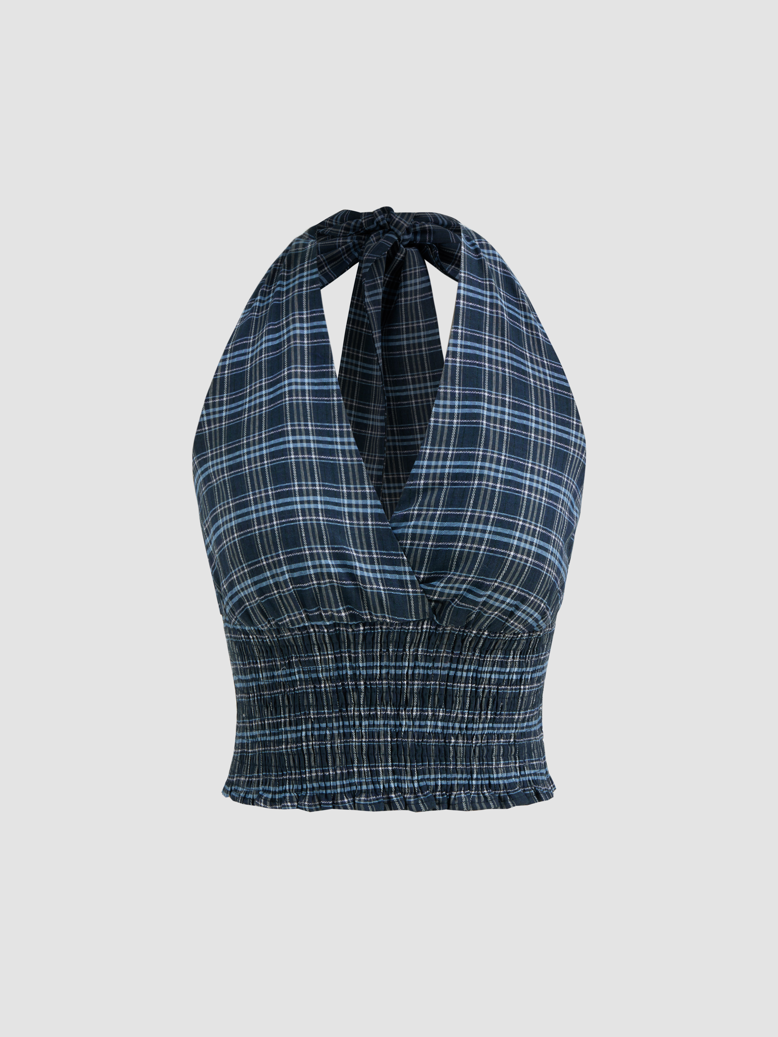 Woven Halter Neckline Check Shirred Knotted Crop Top For Date Holiday