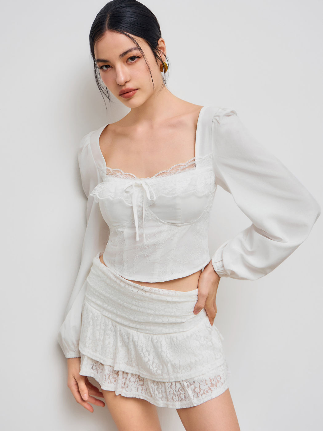 Square Neck Solid Lace Corset Shirred Knotted Long Sleeve Blouse