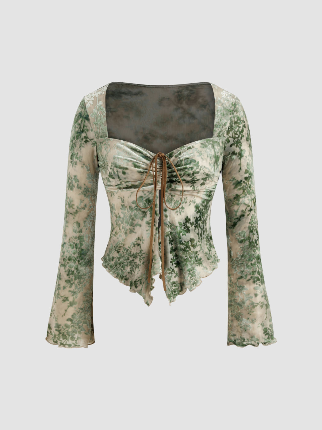 Sweetheart Neckline Floral Lettuce Trim Knotted Long Sleeve Top