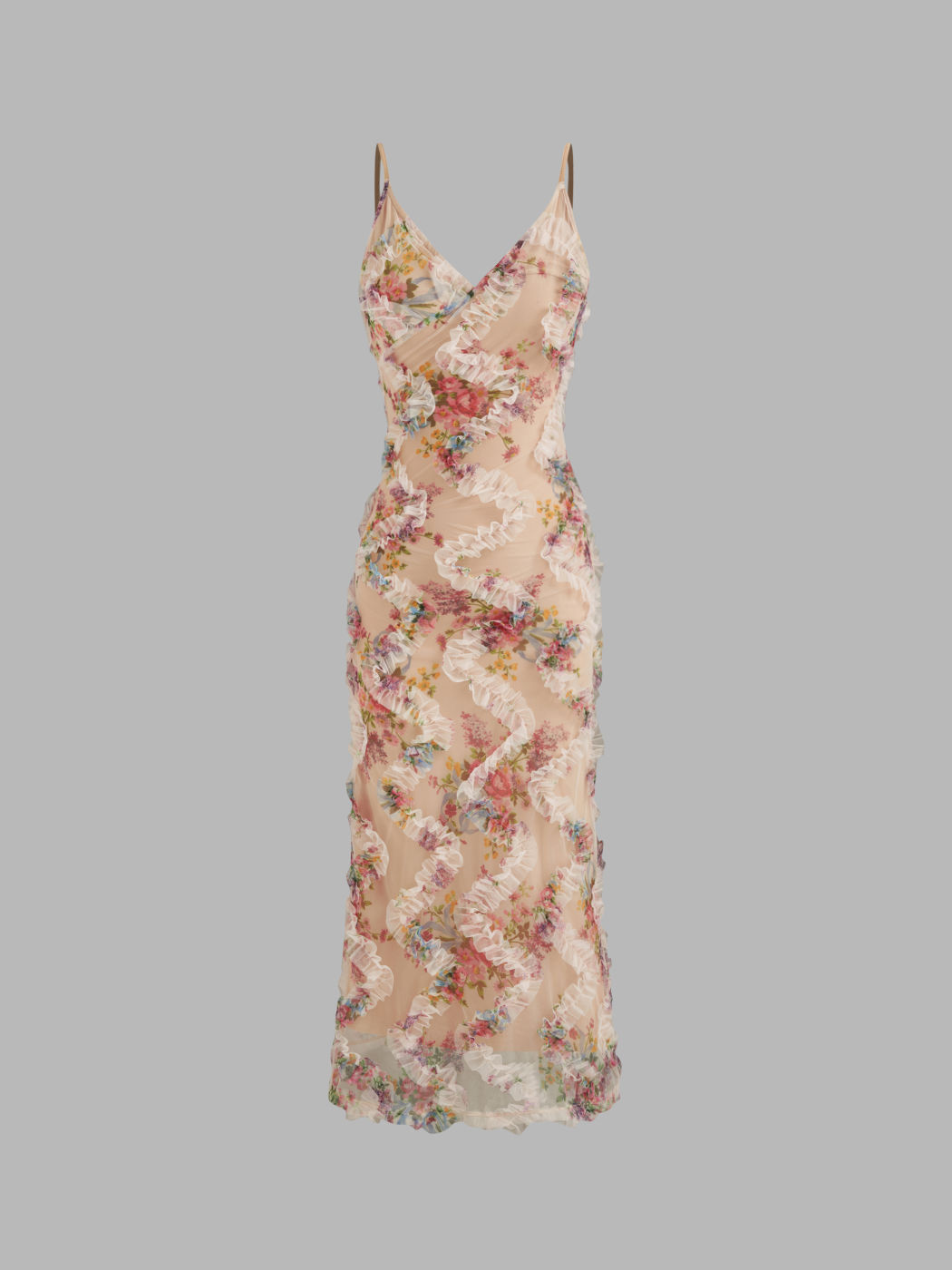 Mesh V-neck Floral Lettuce Trim Midi Dress