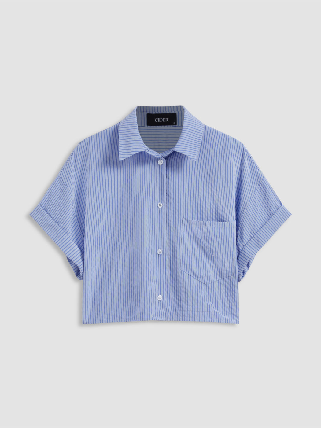 Collar Striped Pocket Roll Hem Oversized Short Sleeve Crop Shirt