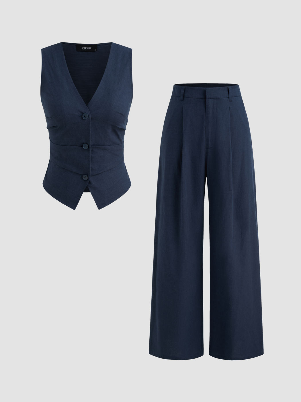 Cotton-blend V-neck Solid Button Vest & Mid Rise Pocket Wide Leg Trousers