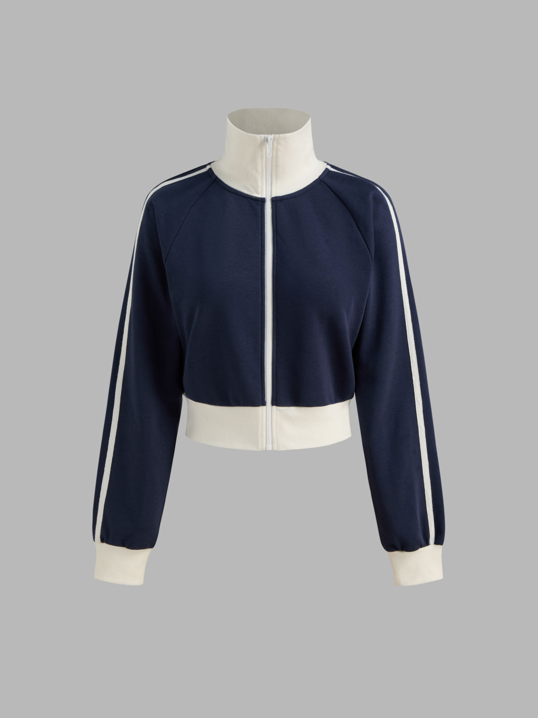 Terry High Neck Solid Contrasting Binding Zipper Sweatshirt