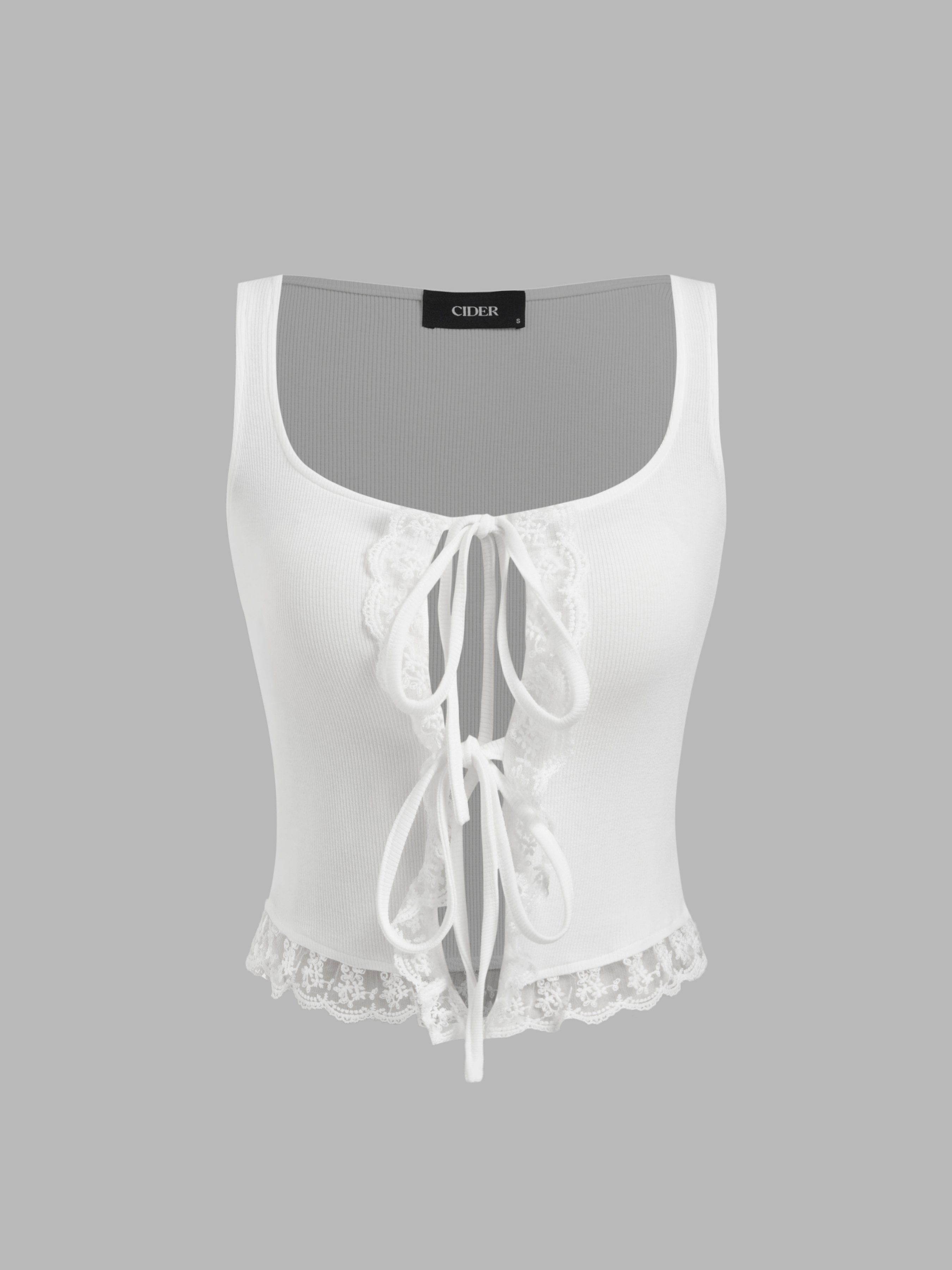 Knit Fabric Cotton-blend Square Neck Lace Trim Tie Front