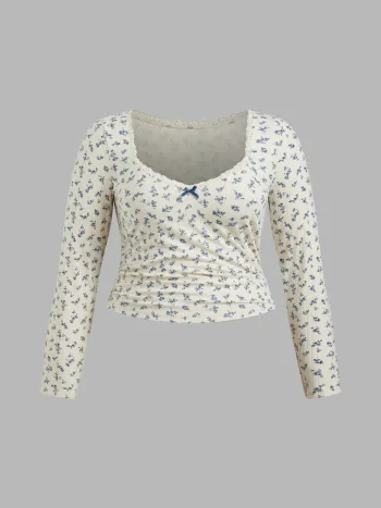 V-neck Floral Bowknot Lace Trim Ruched Long Sleeve Top Curve & Plus