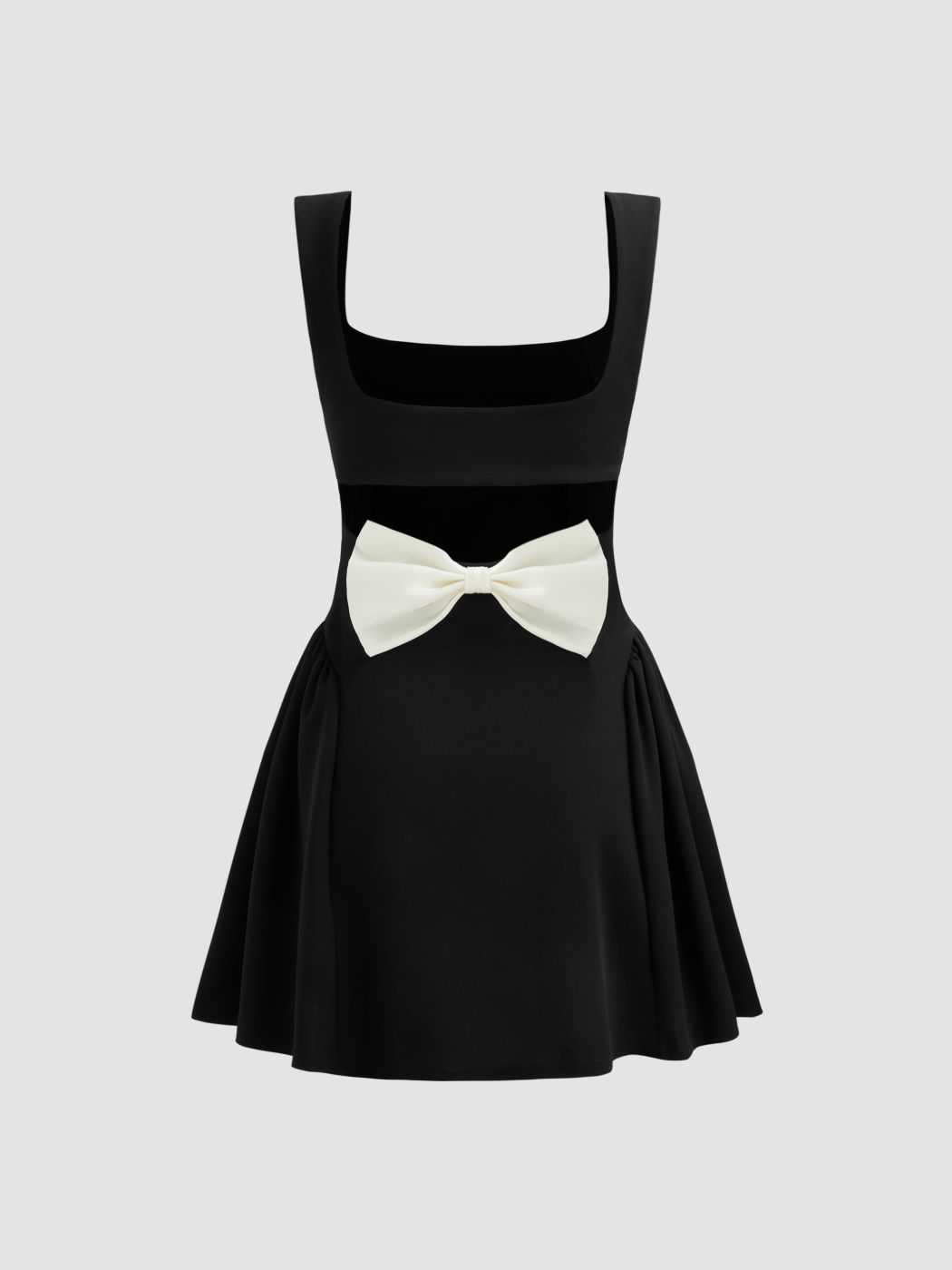 Square Neck Solid Bowknot Pleated Zipper Mini Dress